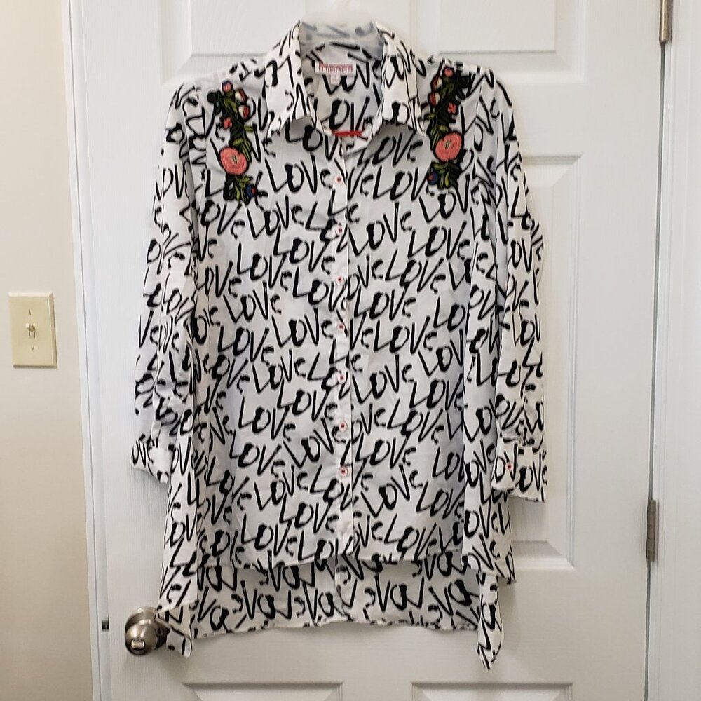 Mishca, NWT, Love blouse, button down, long sleeve "love" oversized blouse, LG